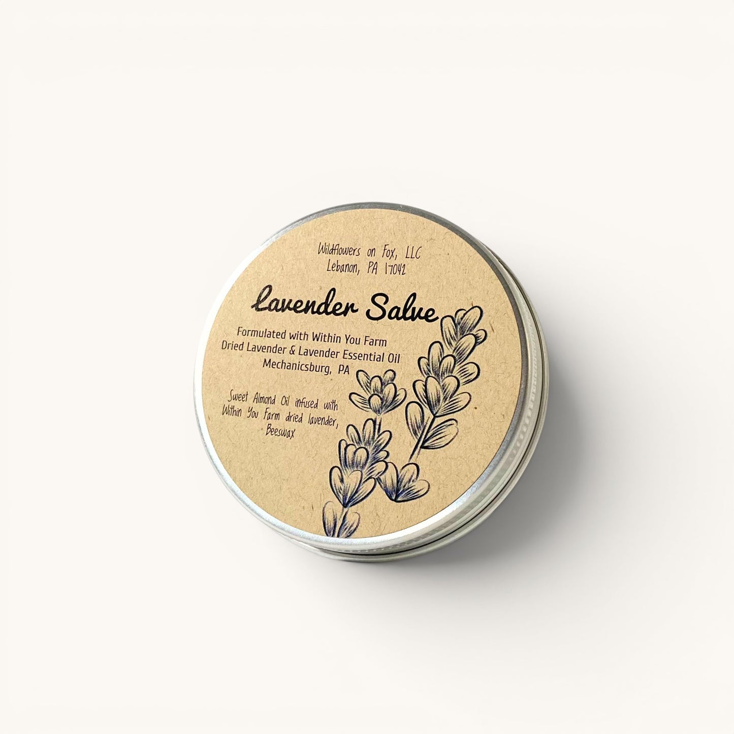 Within You Farm lavender salve in a small tin