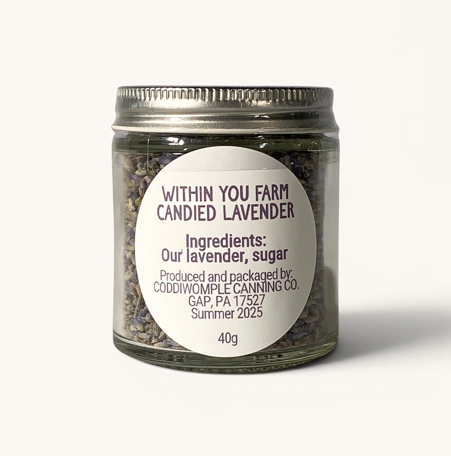 Within You Farm candied lavender buds in a glass jar
