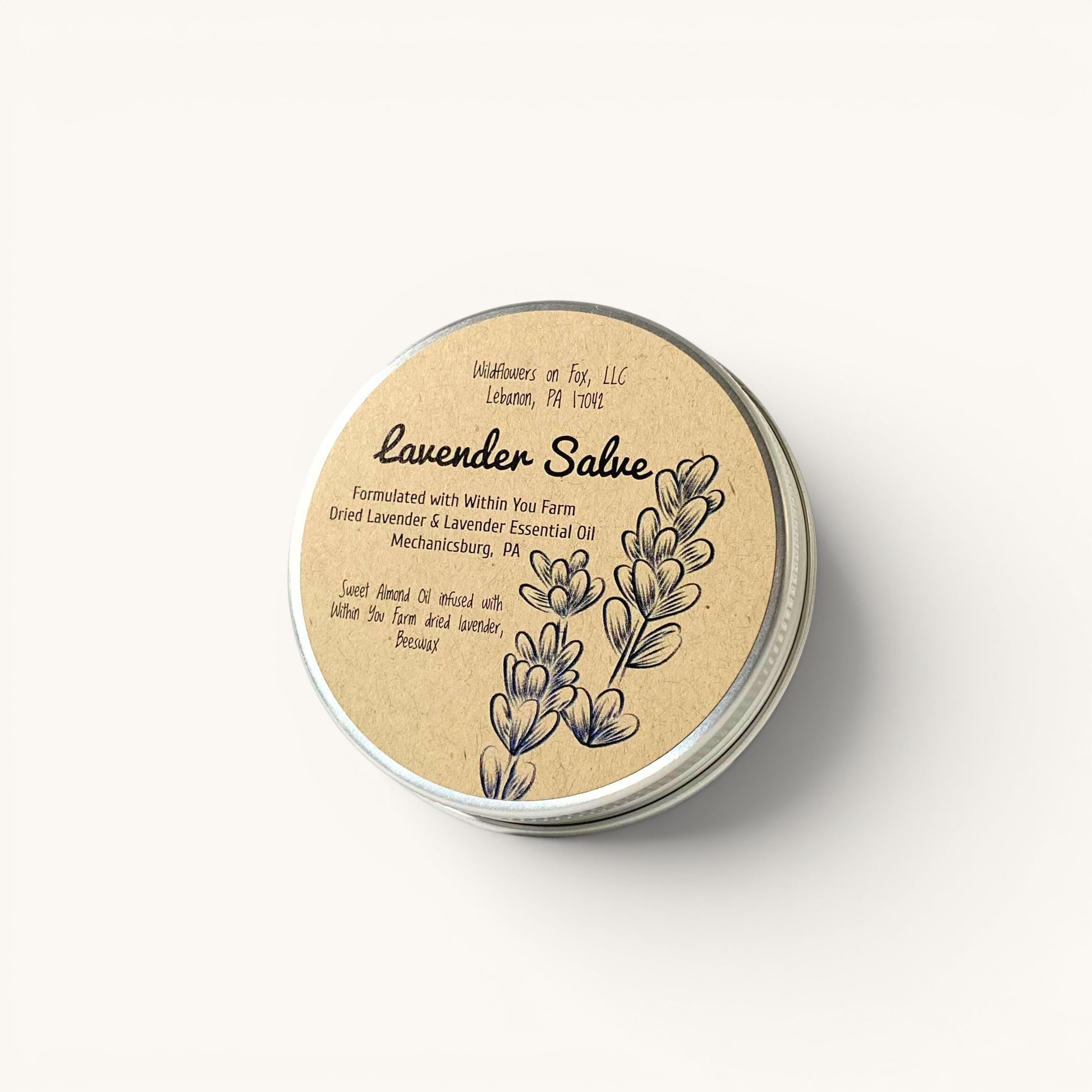 Within You Farm lavender salve in a small tin
