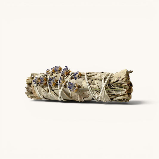 White sage smudge stick wrapped with Within You Farm lavender