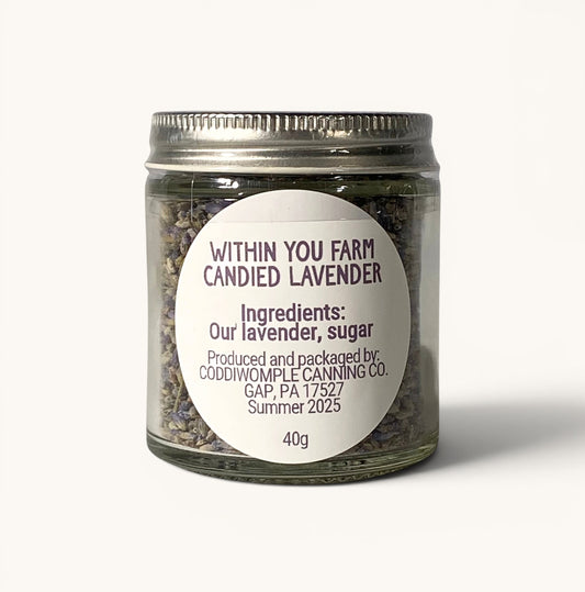 Within You Farm candied lavender buds in a glass jar