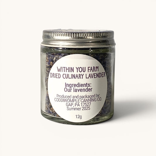 Within You Farm dried culinary lavender buds in a glass jar