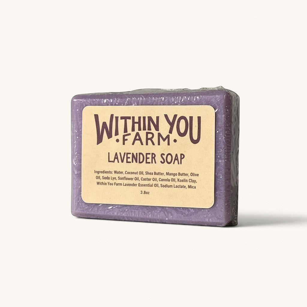 Within You Farm lavender soap bar, purple, with cream label