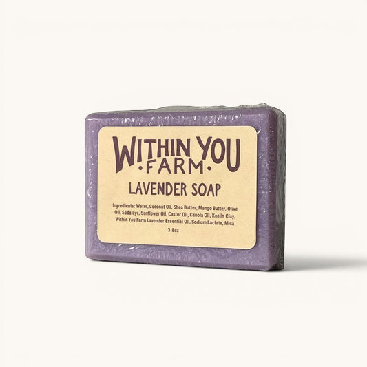 Within You Farm lavender soap bar, purple, with cream label